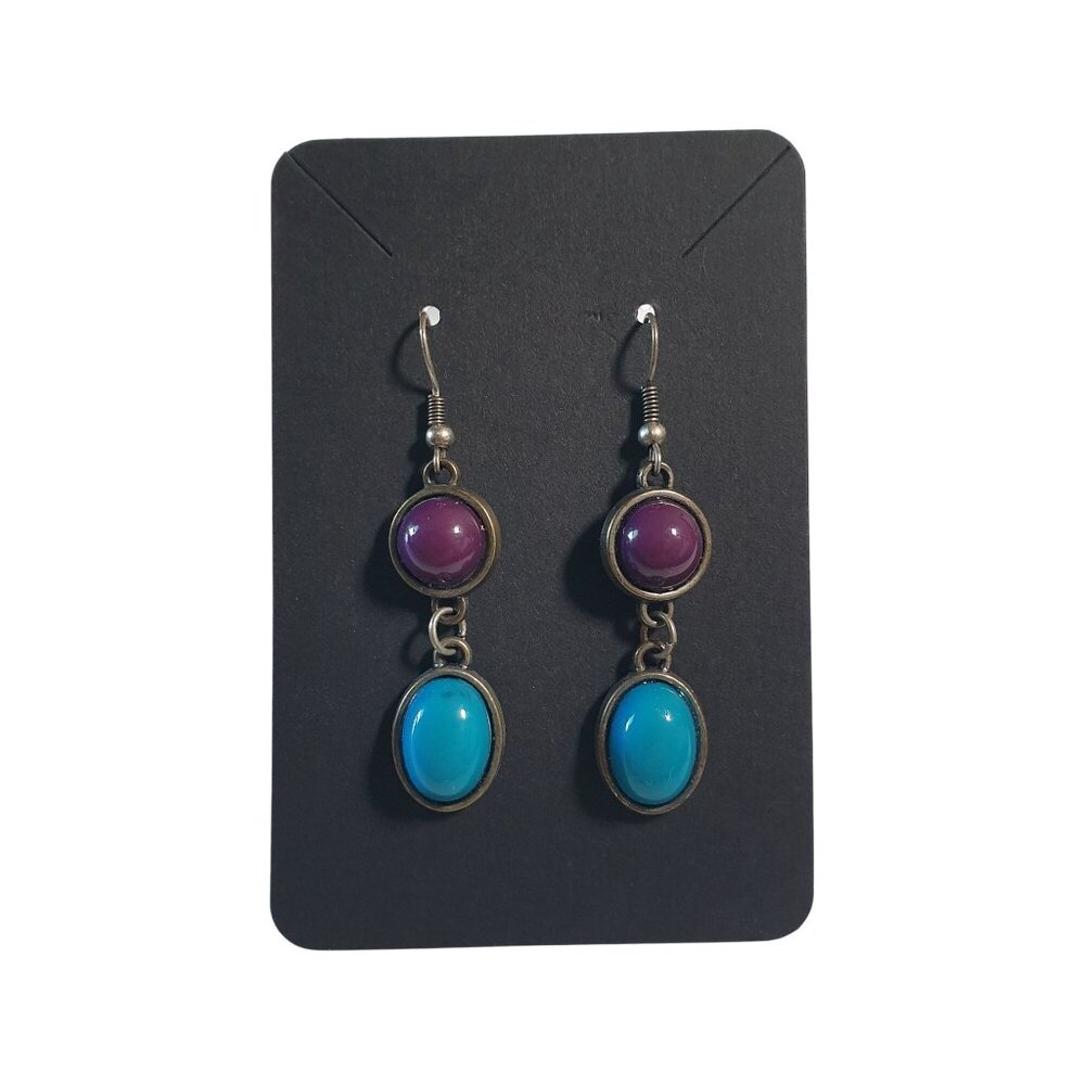 Beaded Dangle Earrings Double Drop Purple Blue Color Accents Hook Boho Gift Mom